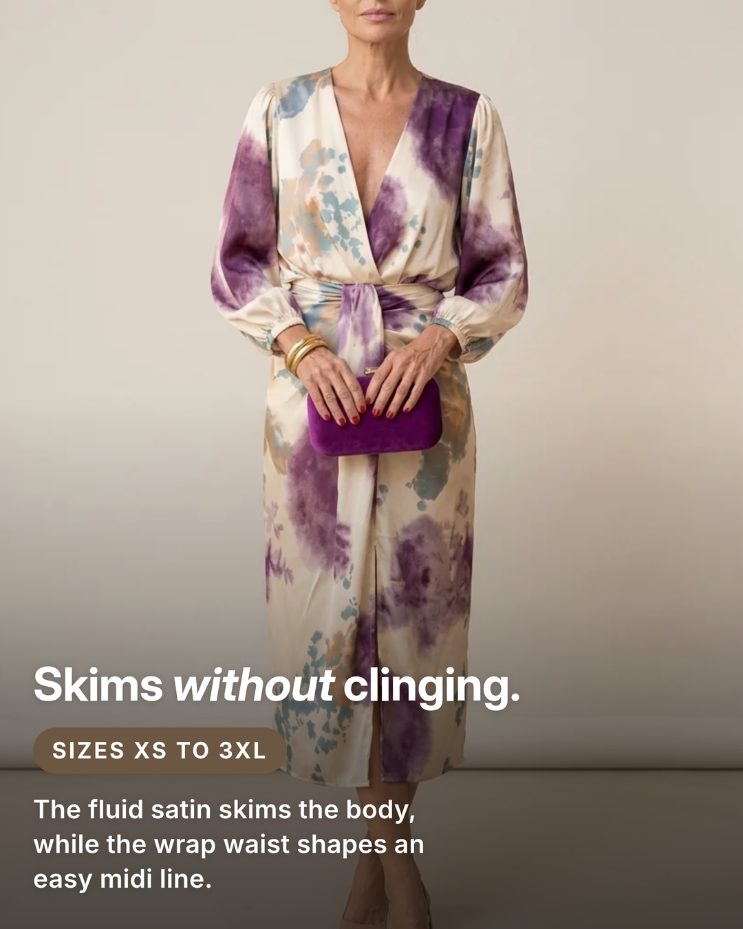 Jorie | Watercolour Satin Midi Dress fit and sizes