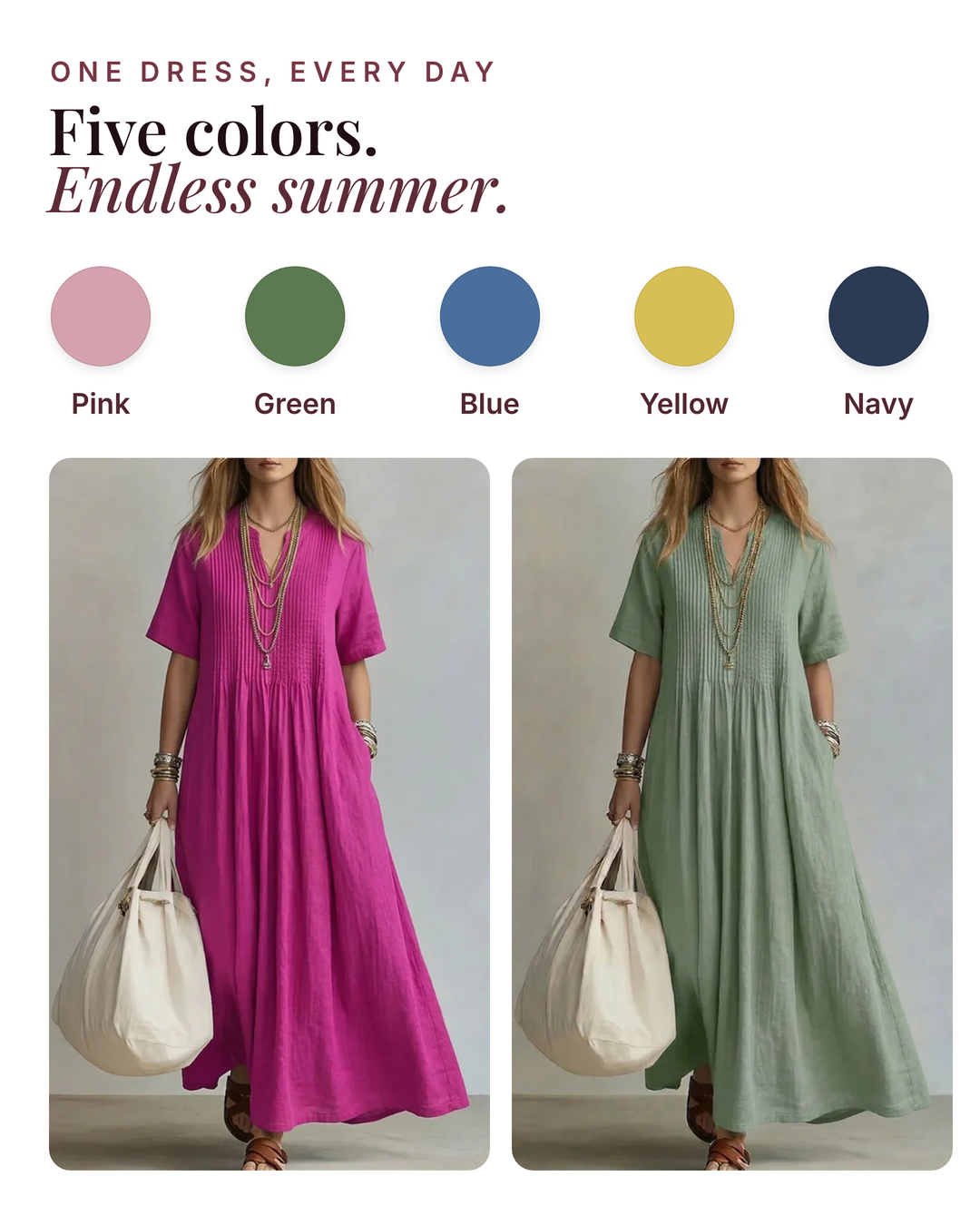 Juliane | Pleated Midi Dress available in 5 colours: pink, green, blue, yellow, navy