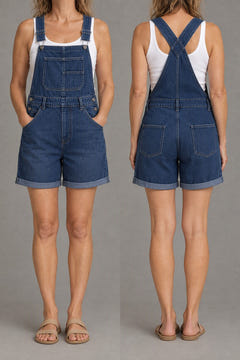 Classic denim overall shorts from the front and back, straps crossed