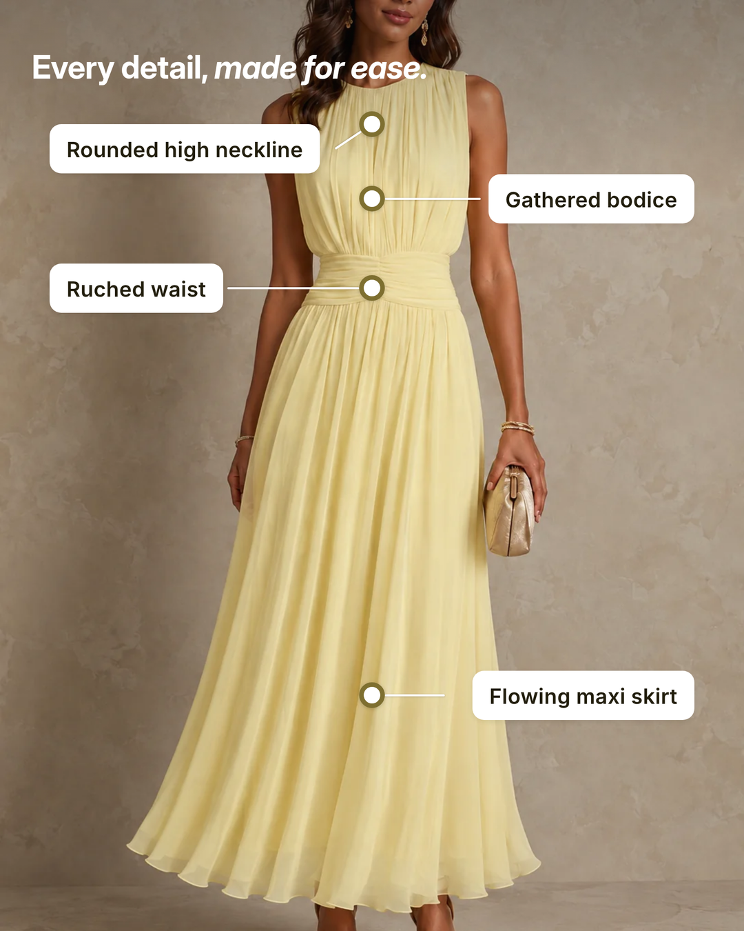 Kathleen | Ruched Waist Maxi Dress details