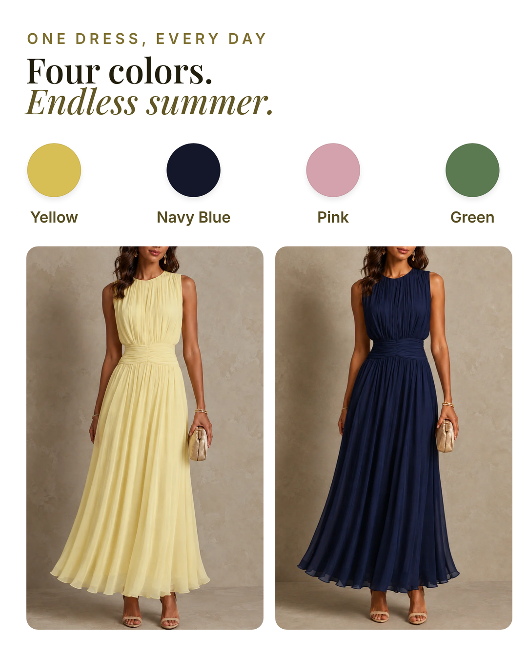 Kathleen | Ruched Waist Maxi Dress available in 4 colours: yellow, navy blue, pink, green