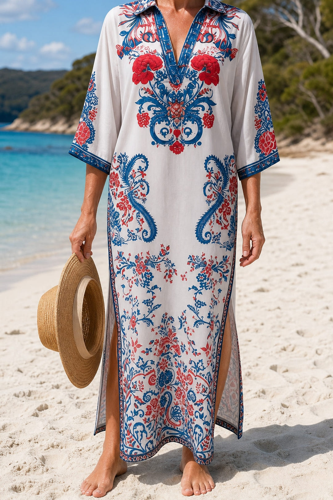 Paisley print kaftan maxi dress on a Bruny Island beach