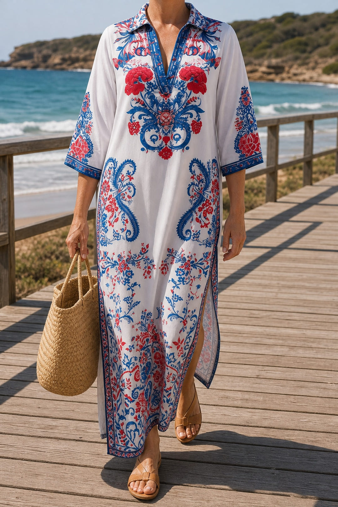 Paisley print kaftan maxi dress on a coastal boardwalk