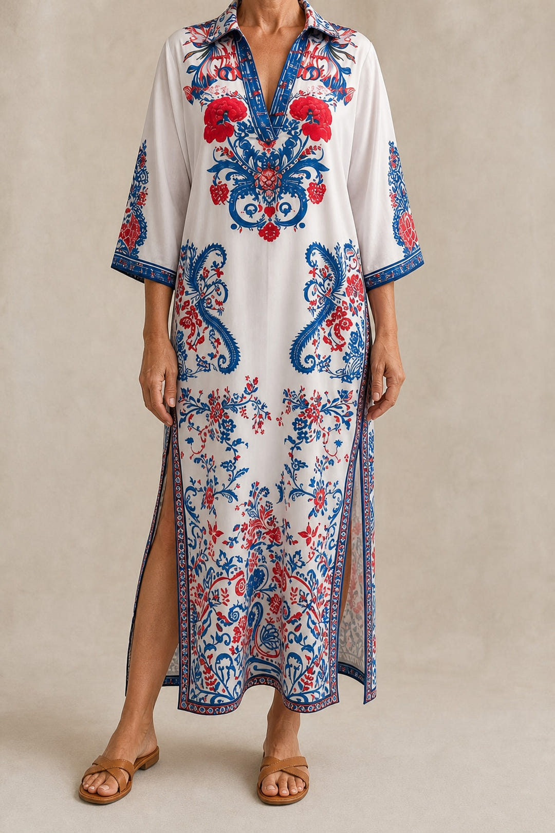 Paisley print kaftan maxi dress in white, full length