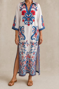 Paisley print kaftan maxi dress in white, full length