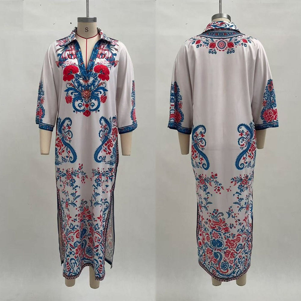Paisley print kaftan maxi dress, front and back
