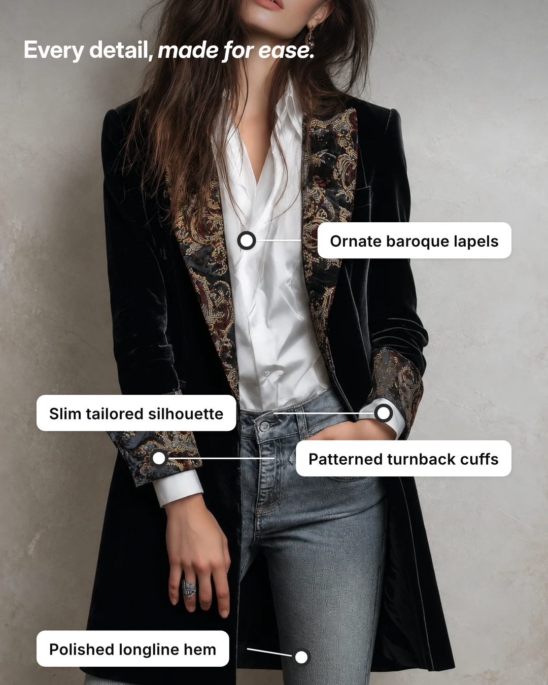 Krystal | Baroque-Trim Tailored Blazer details