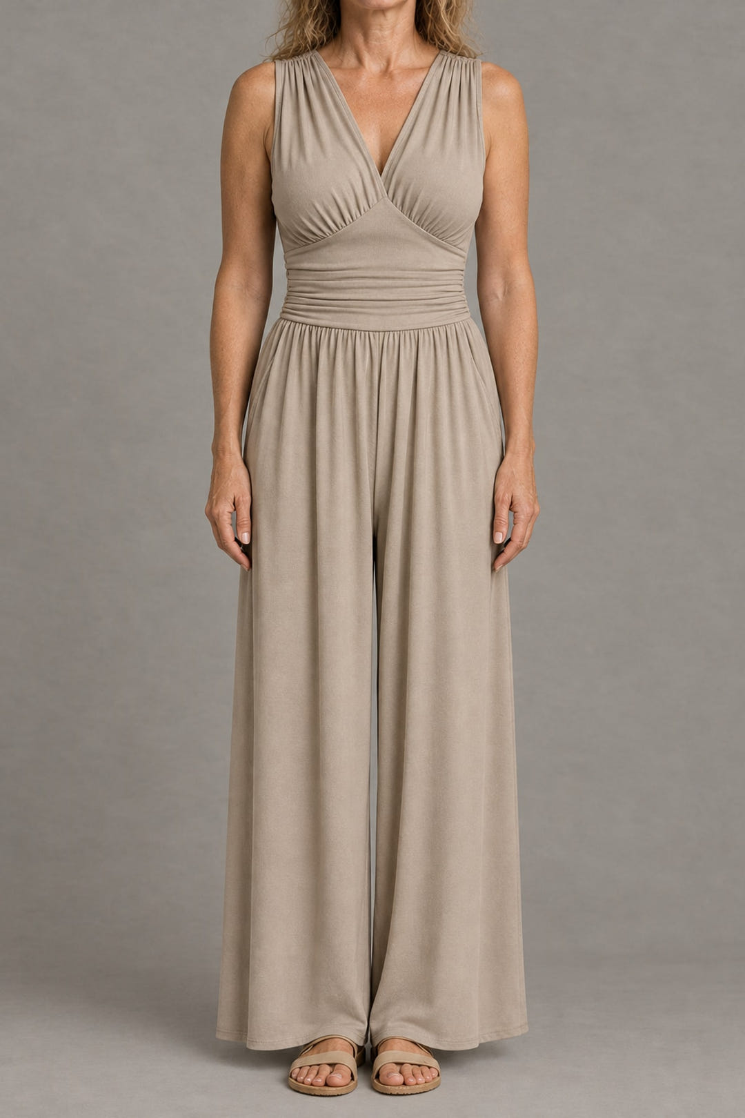 Wide-leg jersey jumpsuit in beige