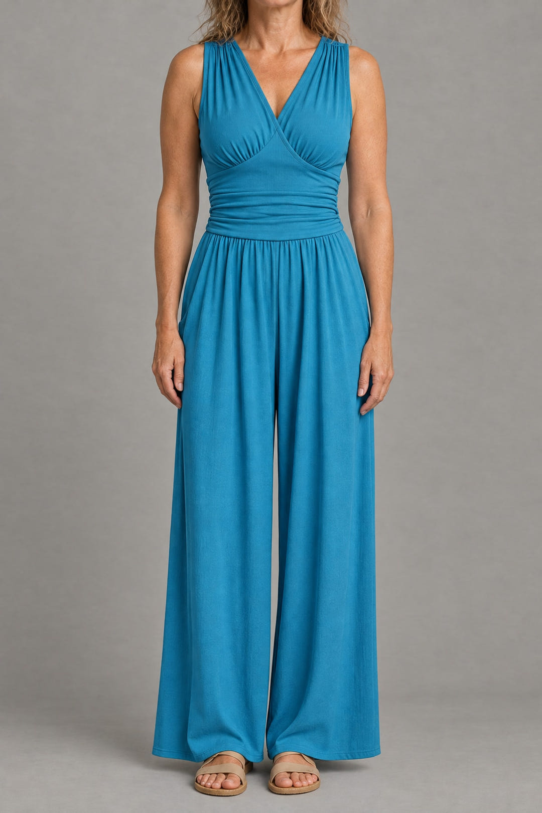 Wide-leg jersey jumpsuit in bright blue