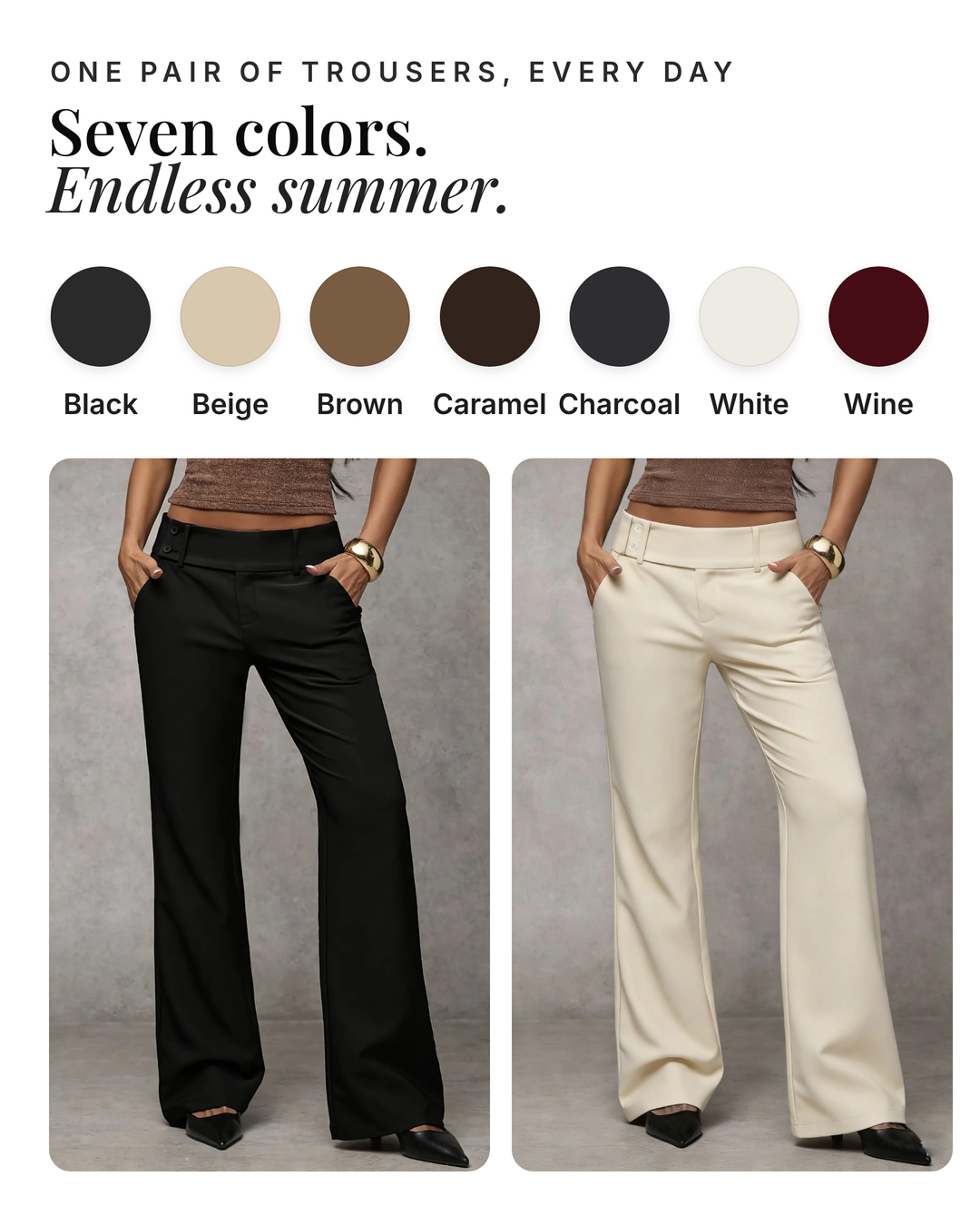 Llewellyn | Modern Relaxed Trouser available in 7 colours: black, beige, brown, caramel, charcoal, white, wine