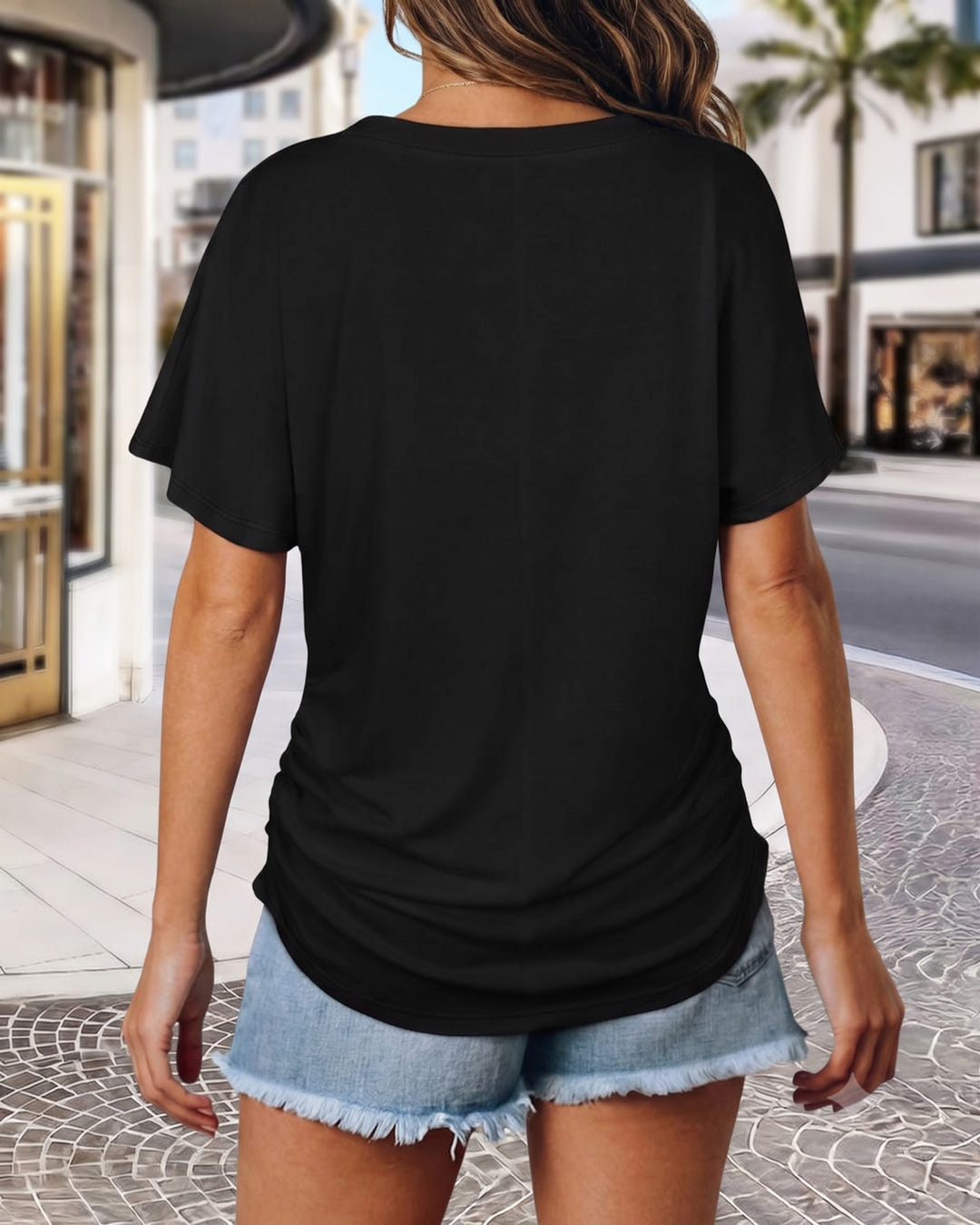Soft V-neck dolman tee from the back