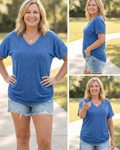 Soft V-neck dolman tee in blue from three angles