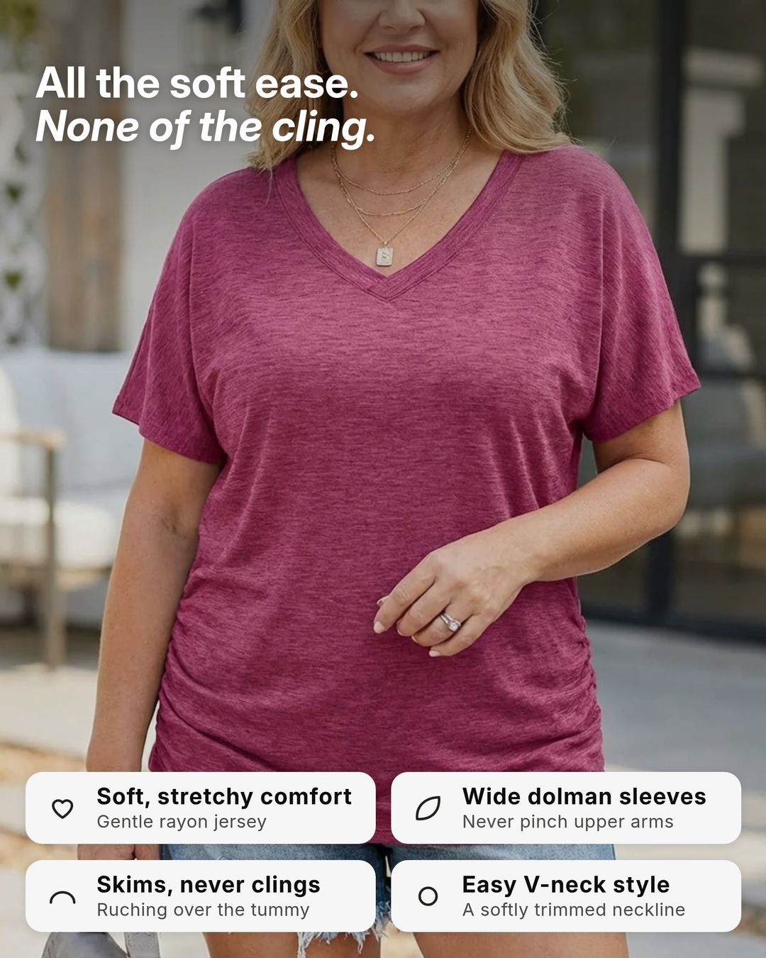 Lorrie | Soft V-Neck Dolman Tee 3-Pack benefits