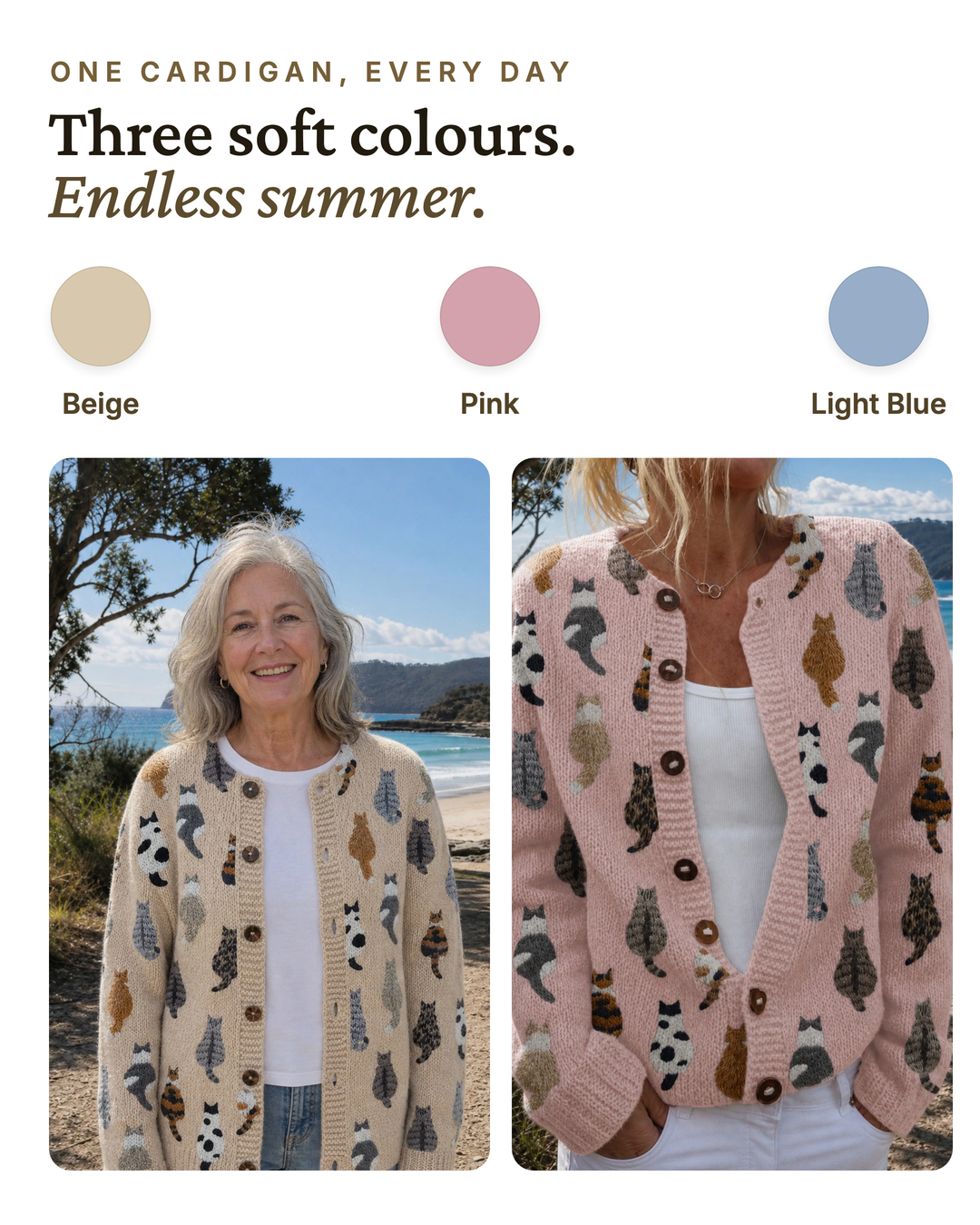 Lulu | Cat Print Button Cardigan available in 3 colours: beige, pink, light blue
