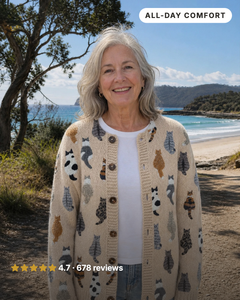 Lulu | Cat Print Button Cardigan in beige
