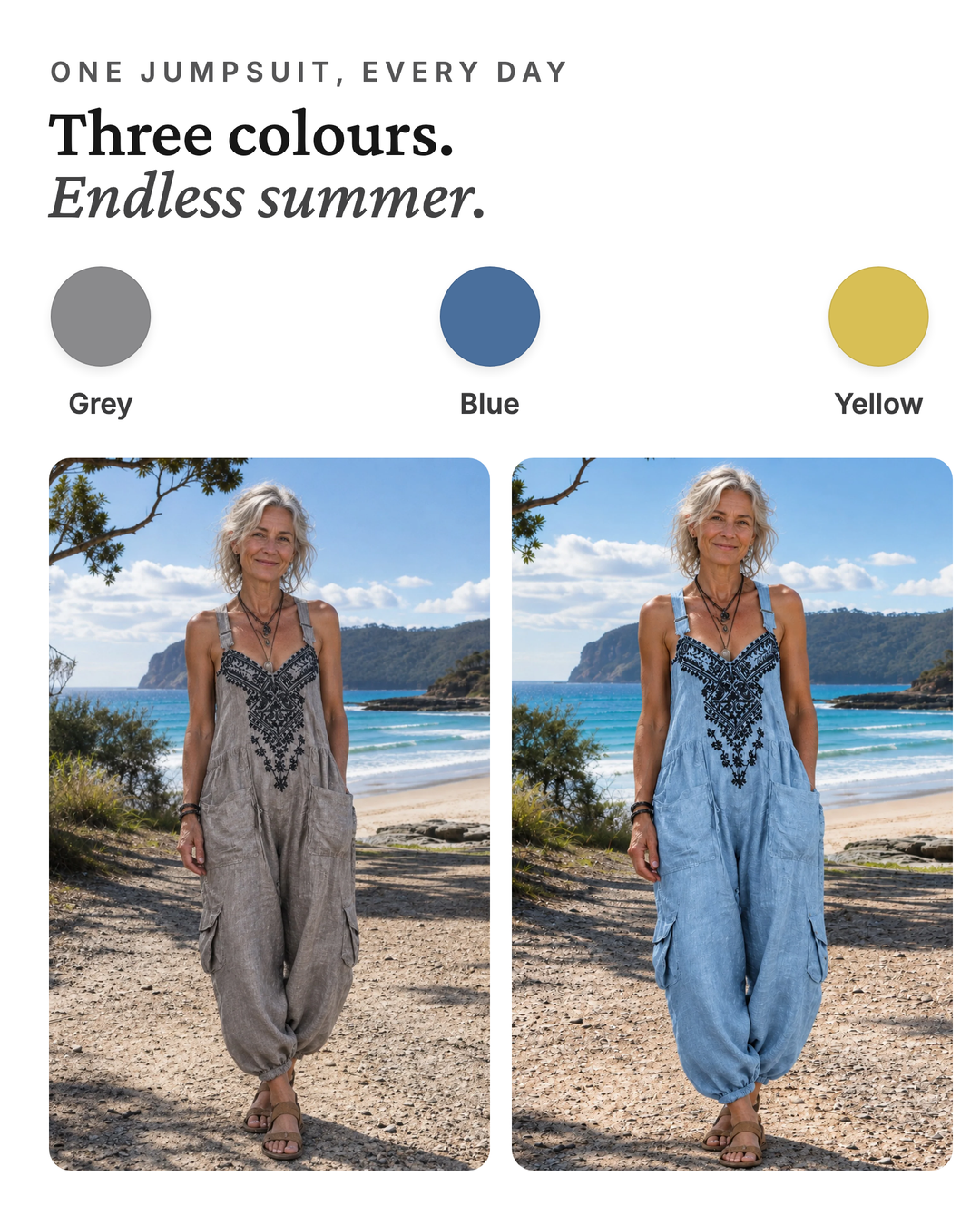 Mae | Embroidered Boho Dungaree Jumpsuit available in 3 colours: grey, blue, yellow