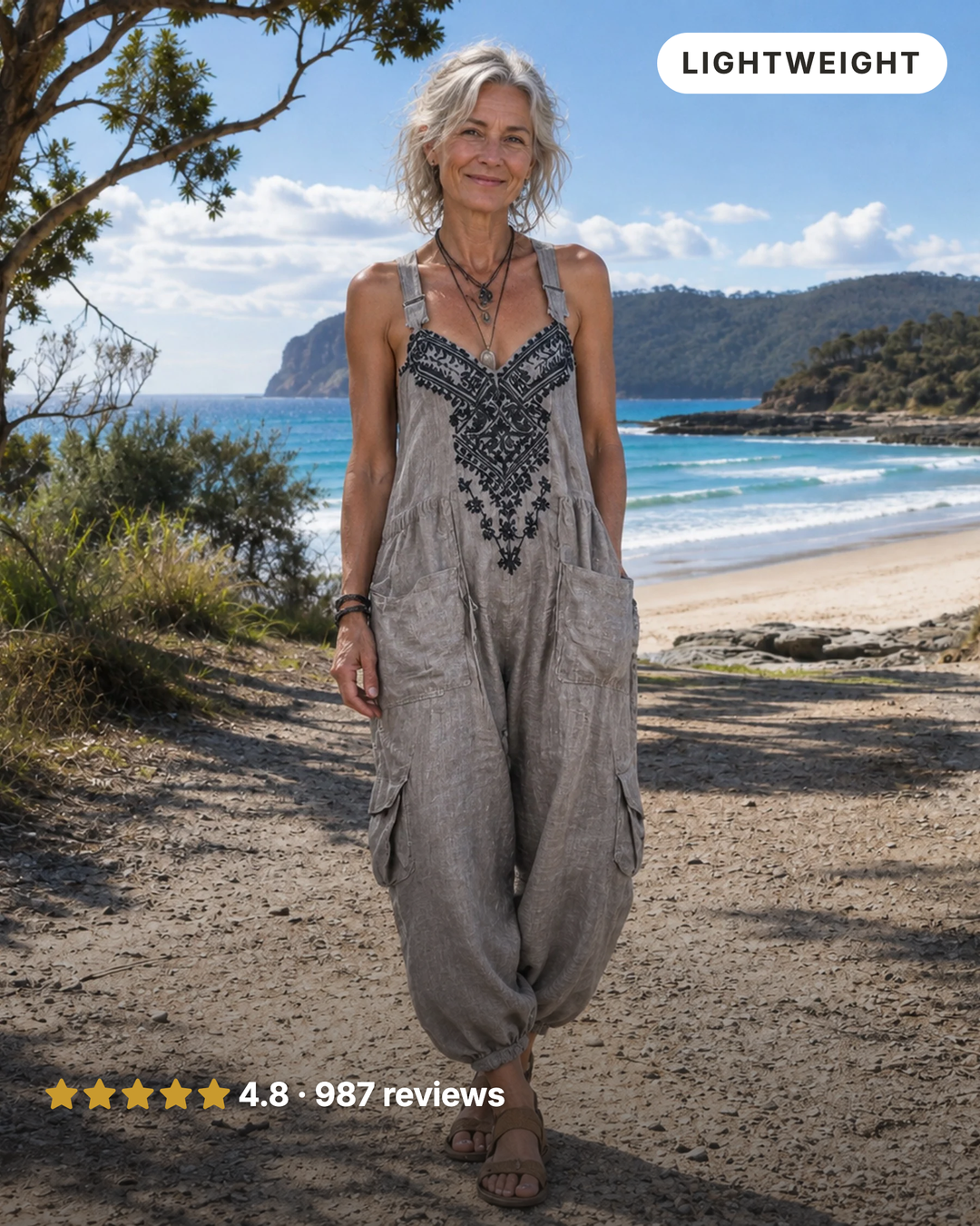 Mae | Embroidered Boho Dungaree Jumpsuit in grey