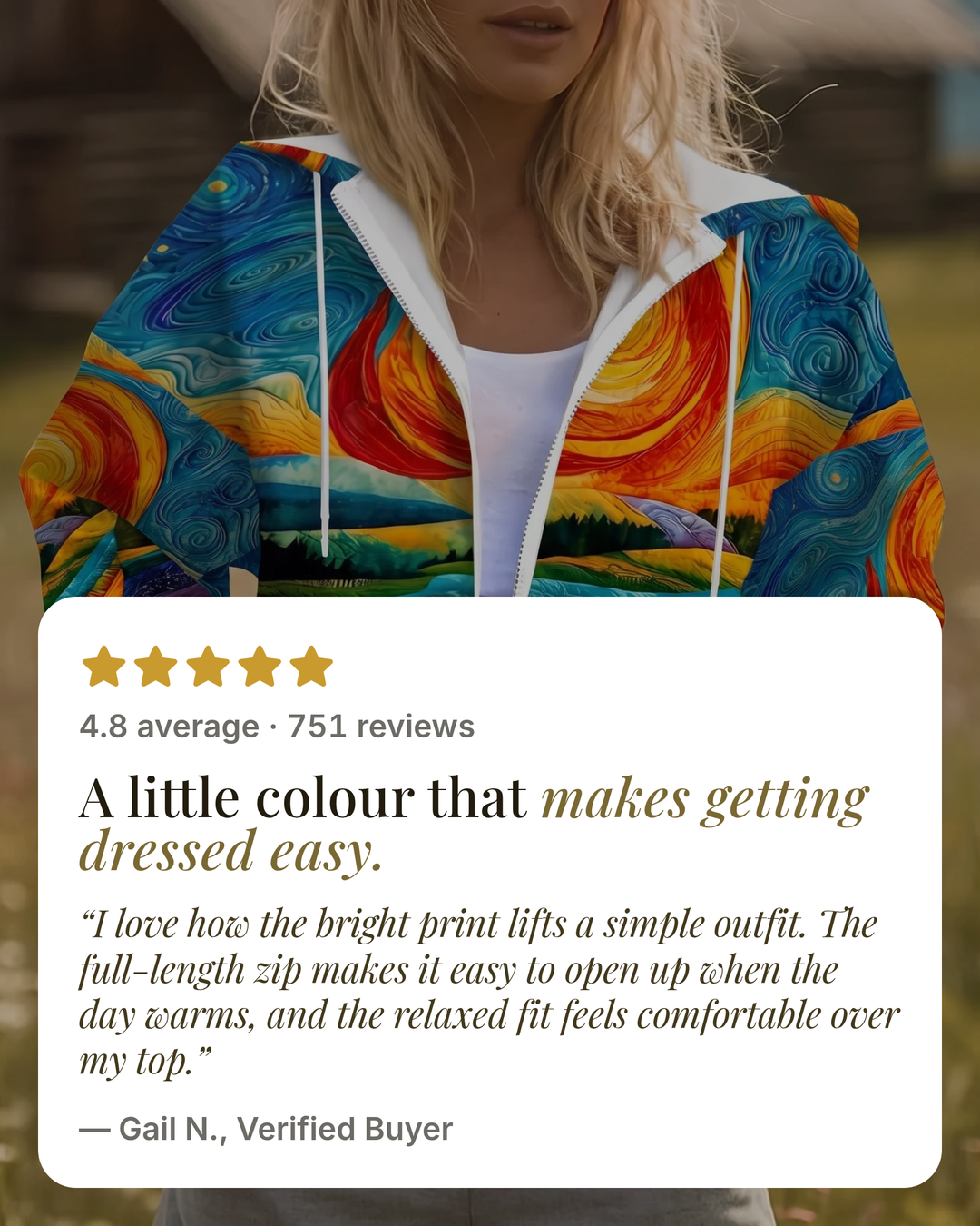 Maria-Grace | Radiant Sunburst Zip Hoodie five star customer review
