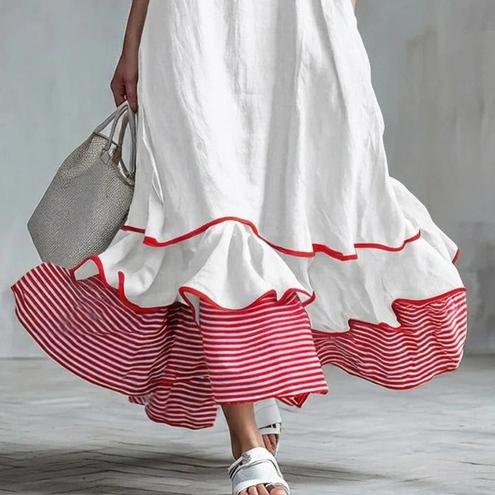 Close-up of the white flounce and red and white striped ruffle hem