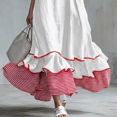 Close-up of the white flounce and red and white striped ruffle hem