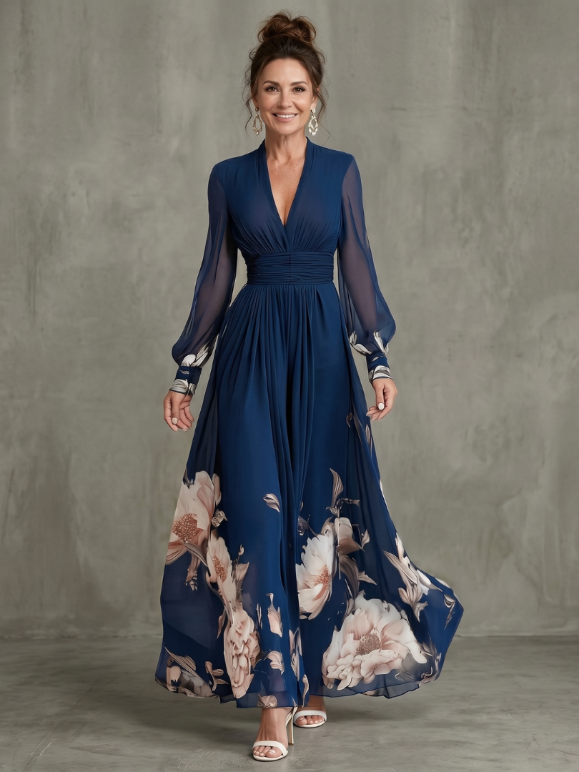 Yasmeen | Floral Hem Sheer Sleeve Maxi Dress