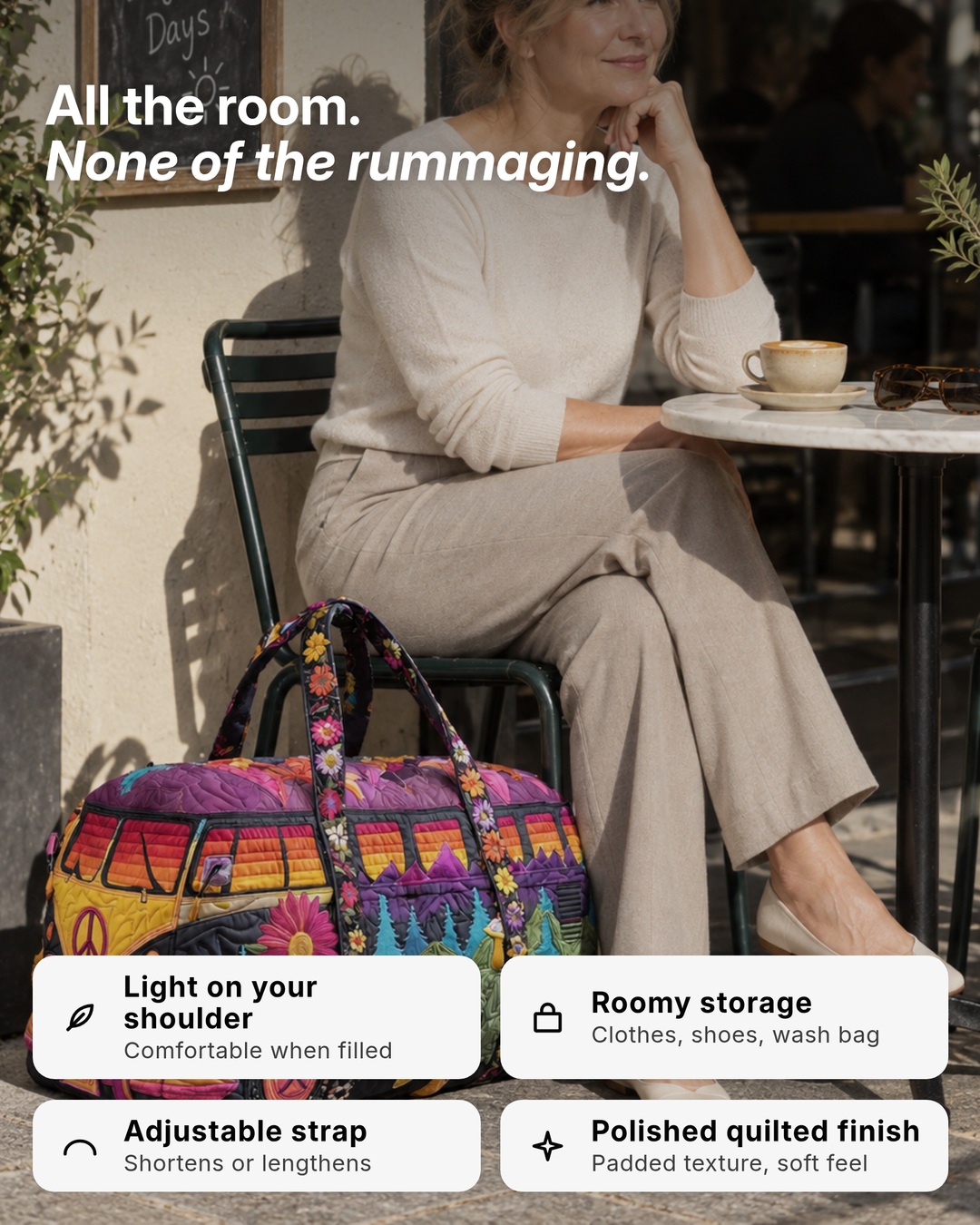 Maude | Quilted Travel Duffle Bag benefits