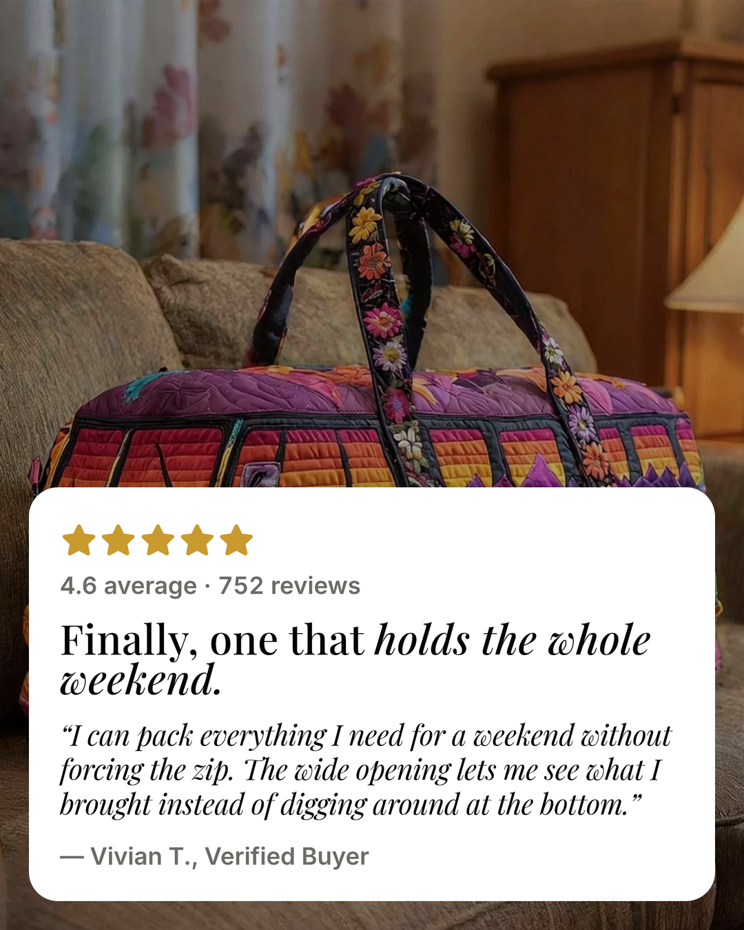Maude | Quilted Travel Duffle Bag five star customer review