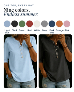Meegan | Buttoned Henley Top available in 9 colours: light blue, black, green, red, white, grey, dark blue, orange, pink