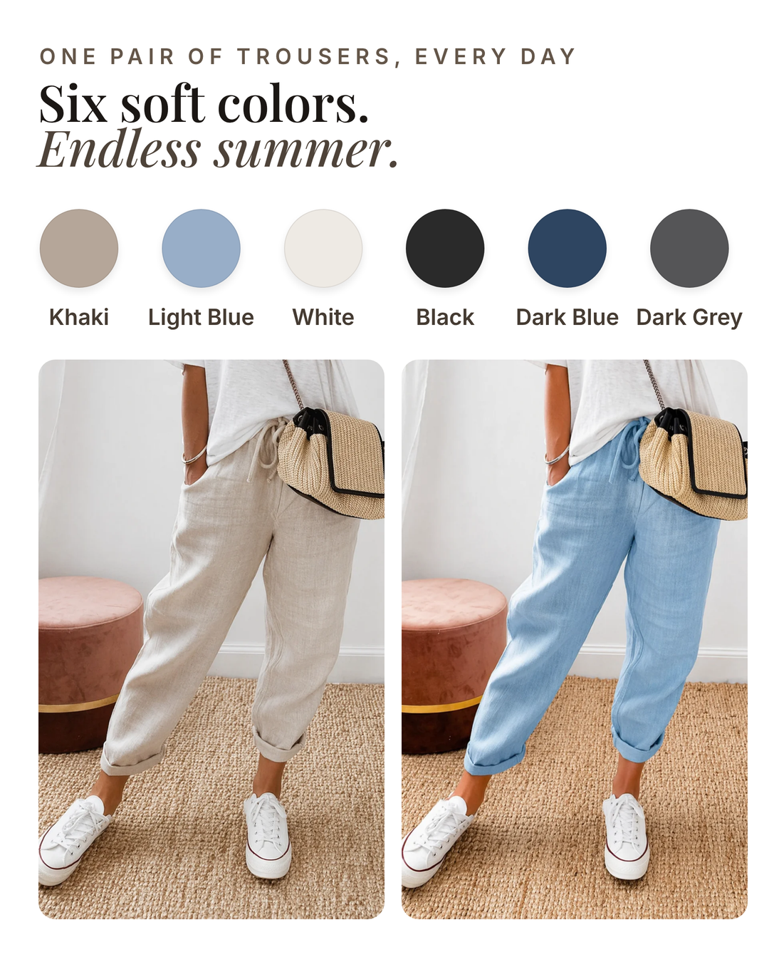 Mya | Relaxed Cotton-Linen Trouser available in 6 colours: khaki, light blue, white, black, dark blue, dark grey
