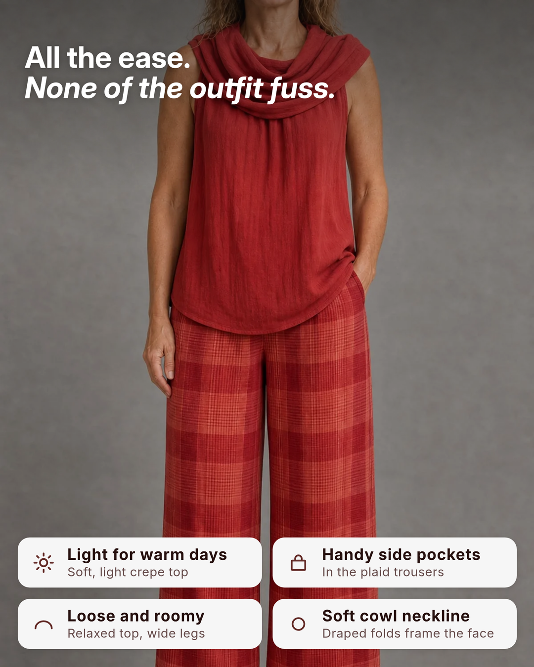 Nanci | Cowl-Neck Top and Plaid Trouser Set benefits