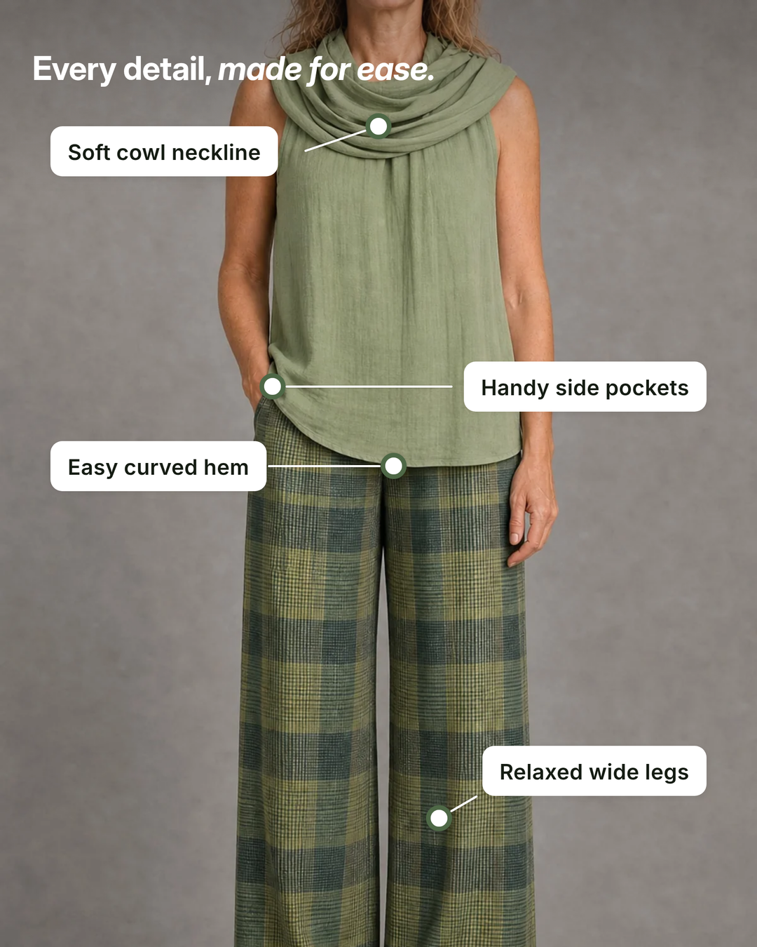 Nanci | Cowl-Neck Top and Plaid Trouser Set details