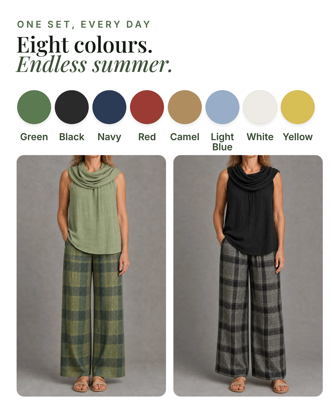 Nanci | Cowl-Neck Top and Plaid Trouser Set available in 8 colours: green, black, navy, red, camel, light blue, white, yellow