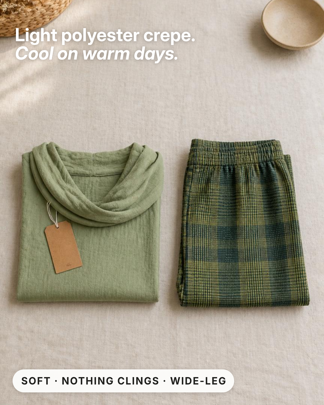 Nanci | Cowl-Neck Top and Plaid Trouser Set fabric close-up