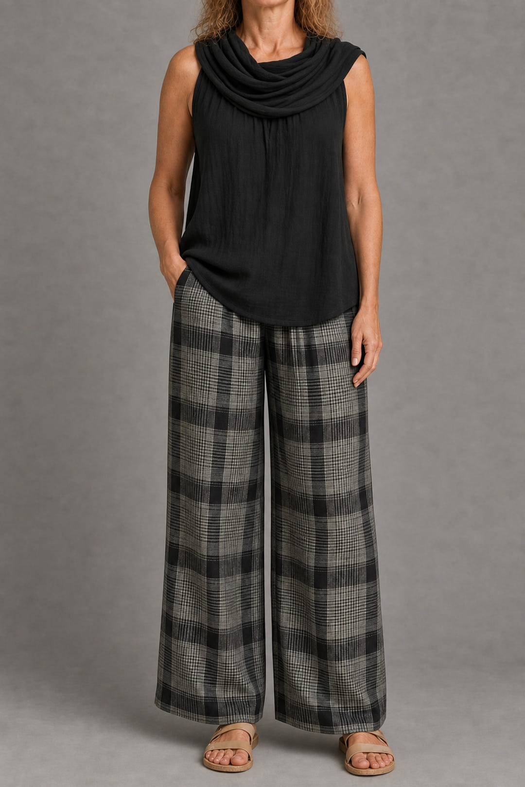 Cowl-neck top and plaid wide-leg trouser set in black