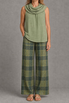 Cowl-neck top and plaid wide-leg trouser set in green