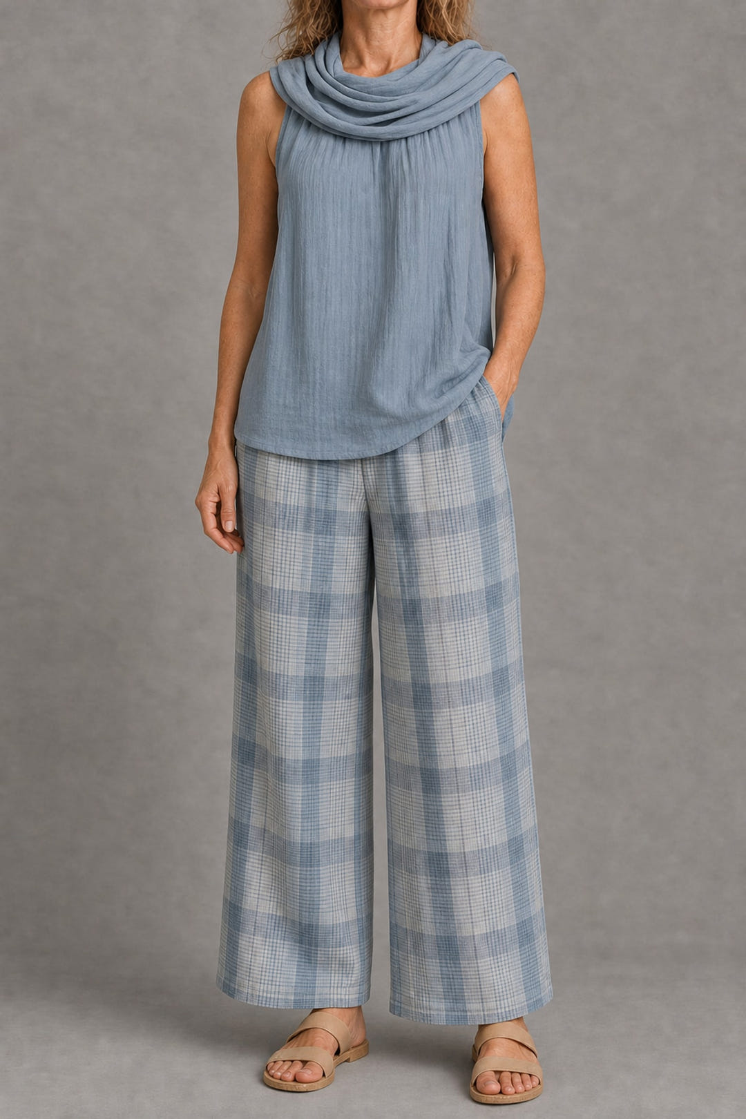 Cowl-neck top and plaid wide-leg trouser set in light blue