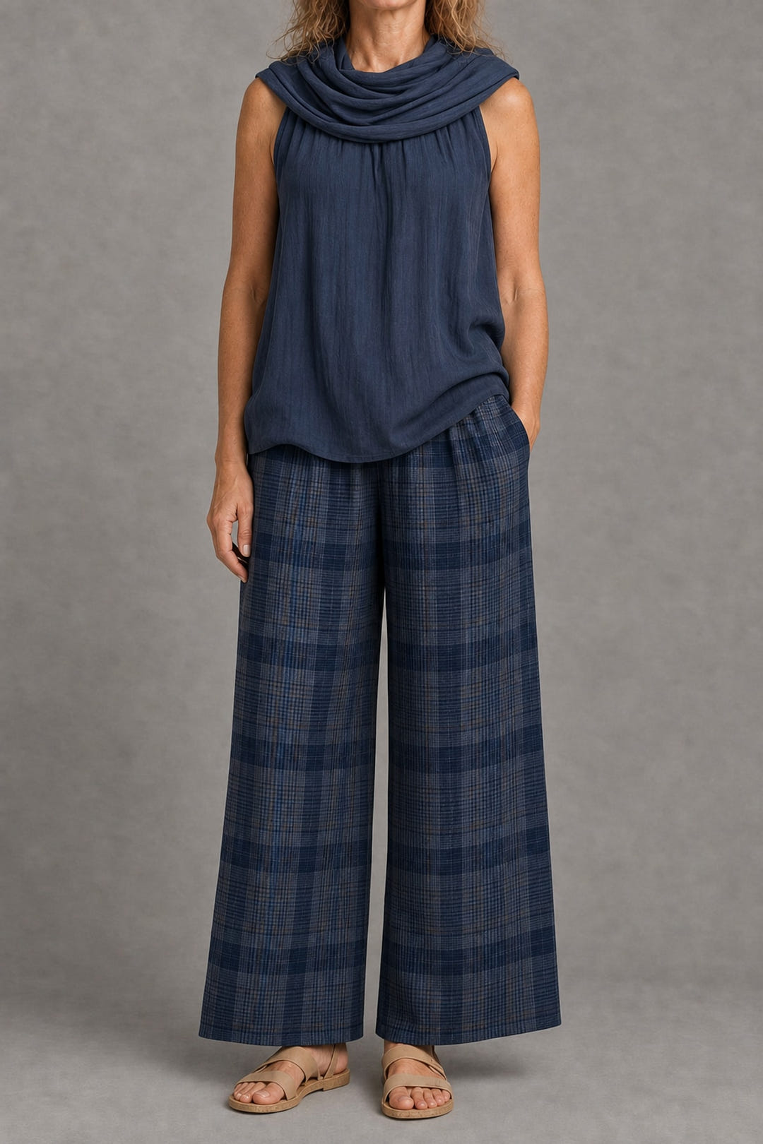 Cowl-neck top and plaid wide-leg trouser set in navy