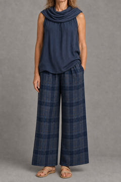 Cowl-neck top and plaid wide-leg trouser set in navy