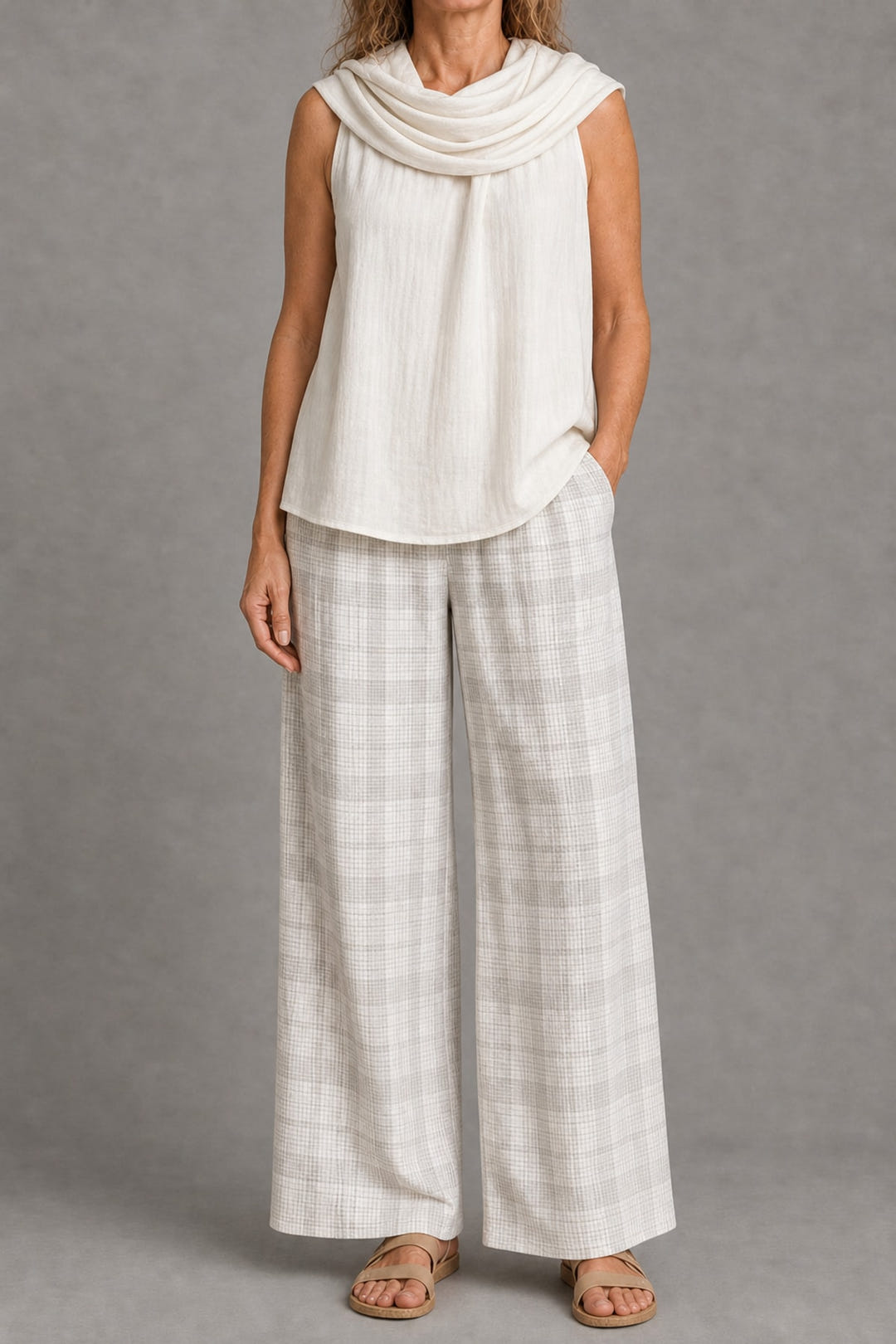 Cowl-neck top and plaid wide-leg trouser set in white
