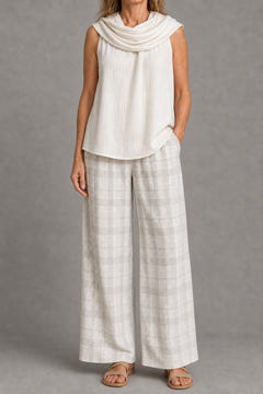 Cowl-neck top and plaid wide-leg trouser set in white