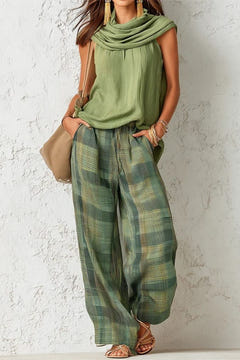 The green set, the cowl collar and the plaid up close