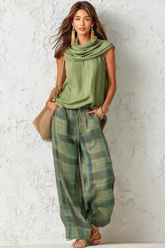 Cowl-neck top and plaid wide-leg trouser set in green, front