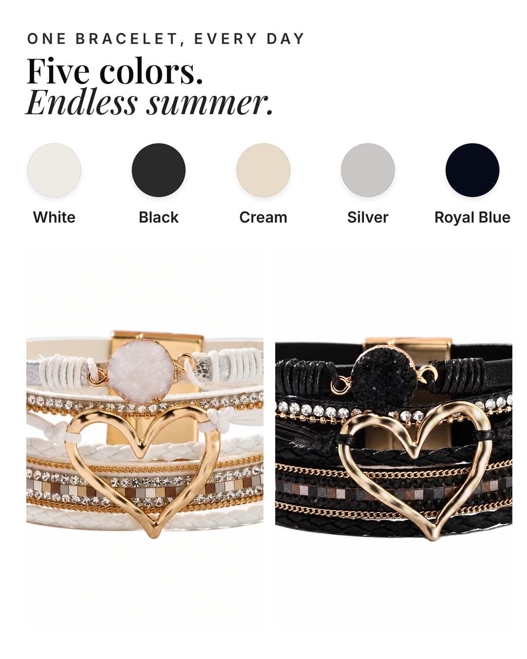 Nyla | Layered Heart Cuff Bracelet available in 5 colours: white, black, cream, silver, royal blue