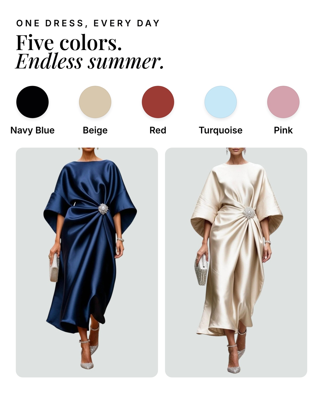 Olivia-Grace | Draped Satin Evening Dress available in 5 colours: navy blue, beige, red, turquoise, pink