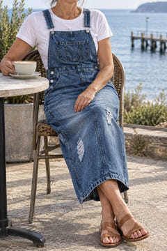 Back-slit denim overall dress in blue at a seaside cafe