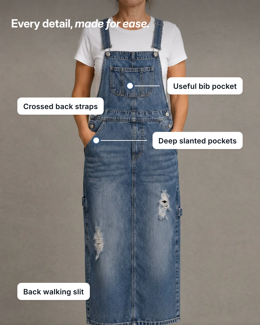 Patsy | Back-Slit Denim Overall Dress details