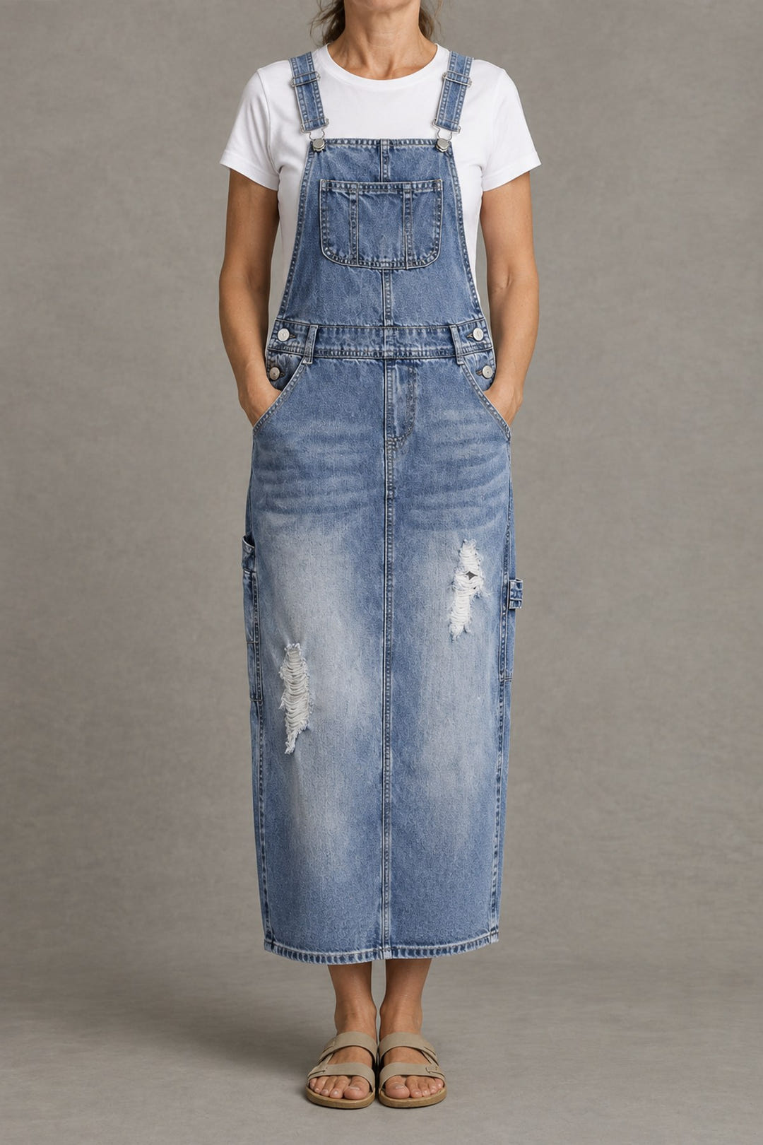 Back-Slit Denim Overall Dress in light blue