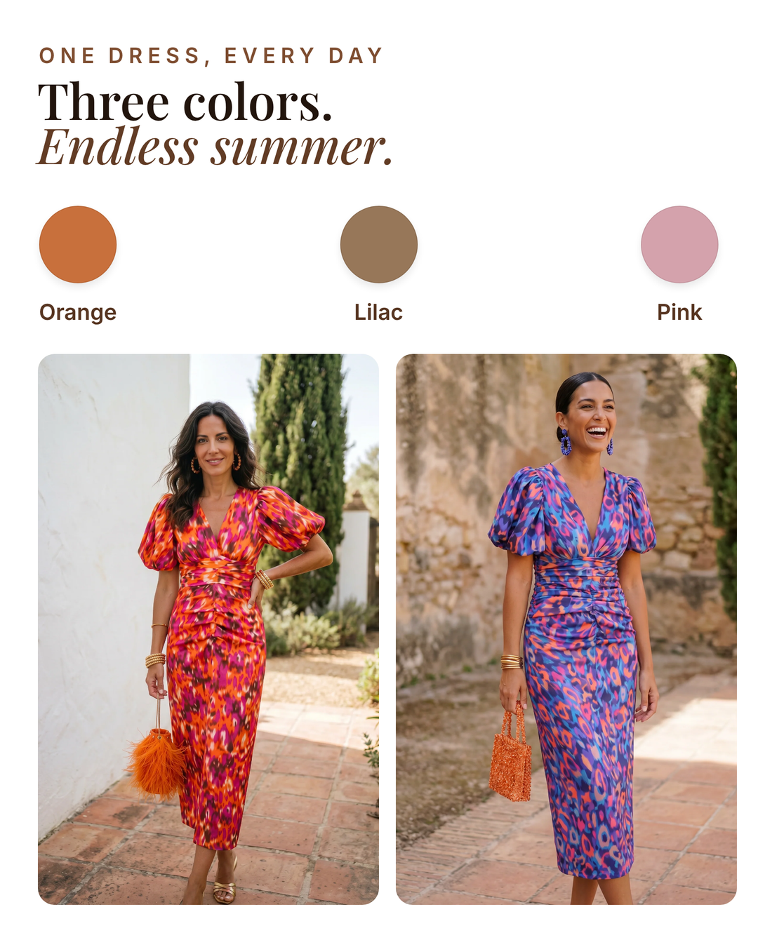 Quinn | Tummy-Flattering Floral Midi Dress available in 3 colours: orange, lilac, pink