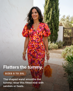 Quinn | Tummy-Flattering Floral Midi Dress fit and sizes