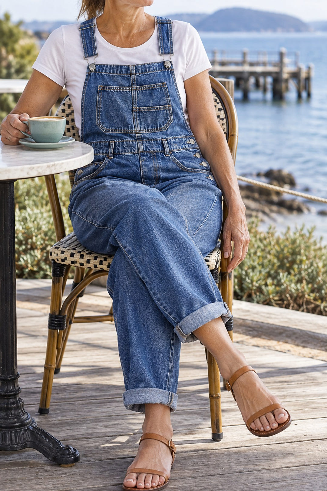 Classic denim overalls in blue at a seaside cafe